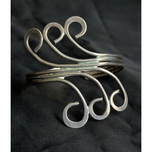 Vintage Artisan Cuff Bracelet Waves Pattern Silver Tone 2 1/4" Wide Swirl Waves